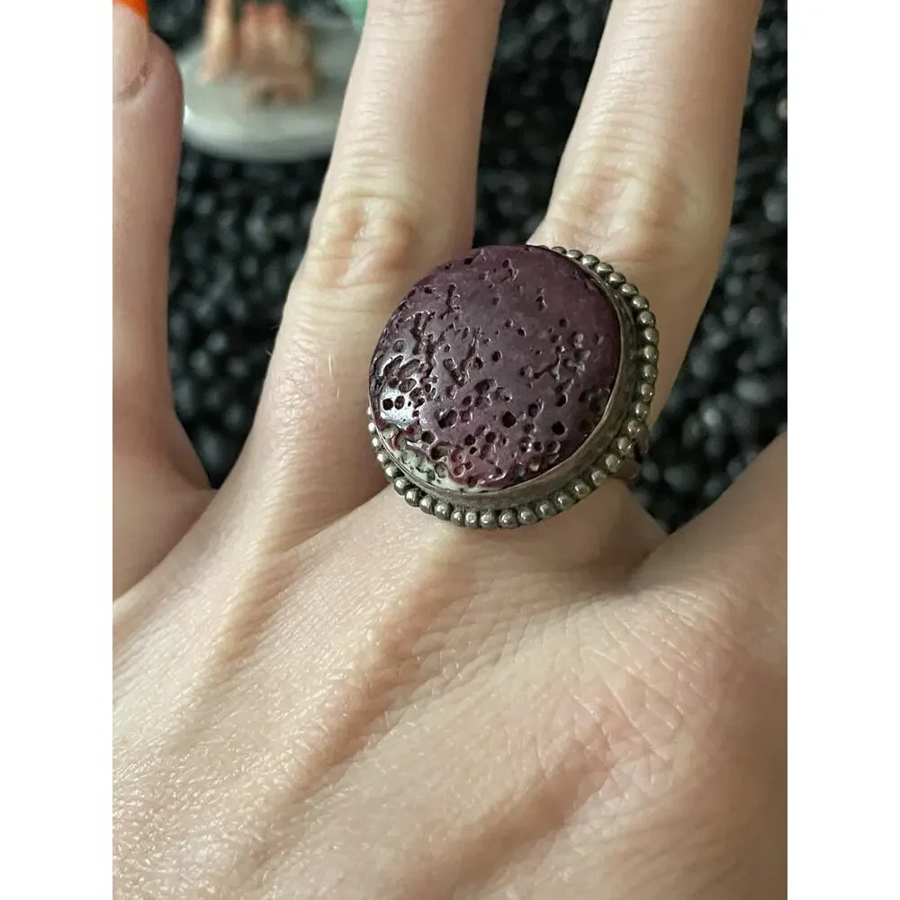Native Sterling Silver Raw Pourous Purple💜Spiny Oyster Round Ring~Size 7.25